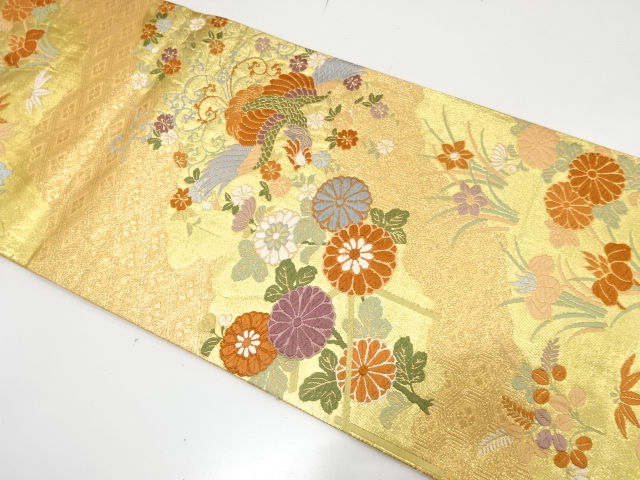 JAPANESE KIMONO / FUKURO OBI / SILK / SAGANISHIKI / WOVEN MIST & PHOENIX & FLORAL PLANTS